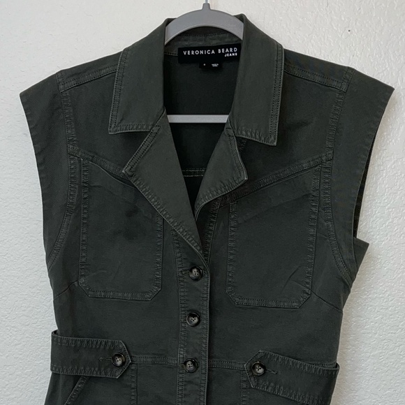 VERONICA BEARD | Cotton-Blend Twill Button Mini Dress in Army Green | Size 6 - Picture 5 of 13